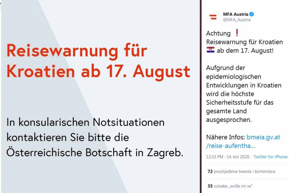 Austrijsko ministarstvo vanjskih poslova preporučuje  svojim građanima da ne putuju u Hrvatsku