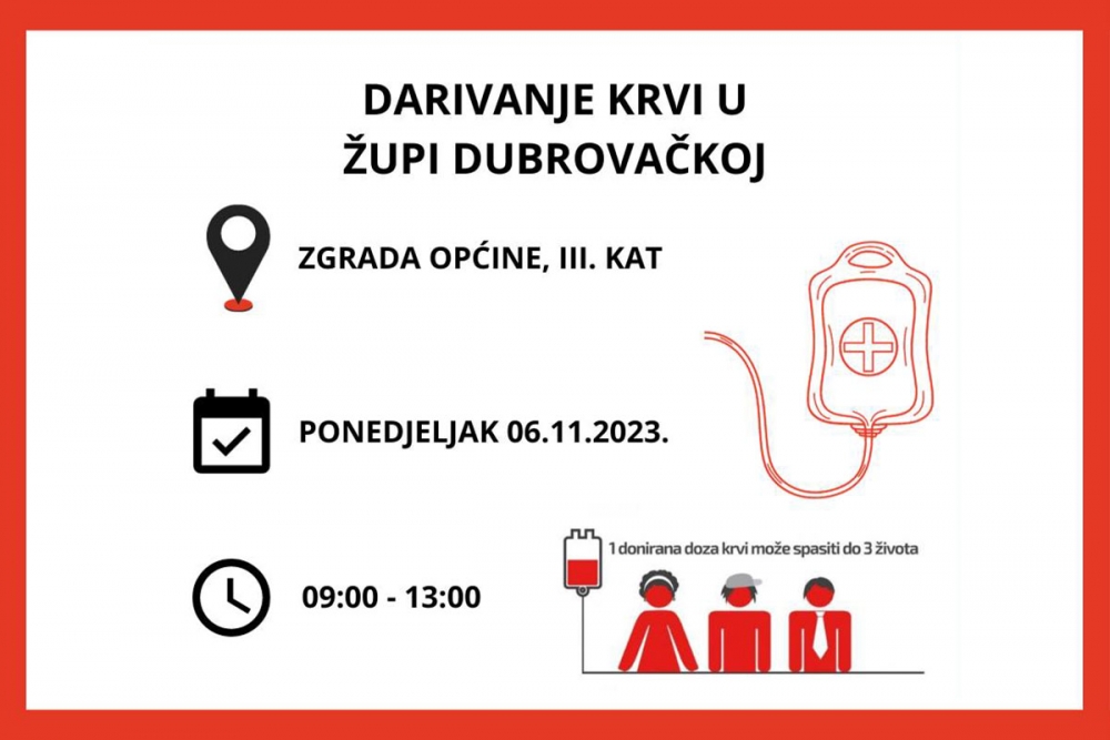 Sutra u zgradi Općine u Srebrenom; Akcija darivanja krvi Crvenog križa Dubrovnik