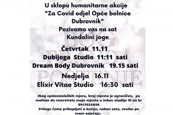 Humanitarna akcija za COVID odjel u Općoj bolnici Dubrovnik putem satova kundalini joge