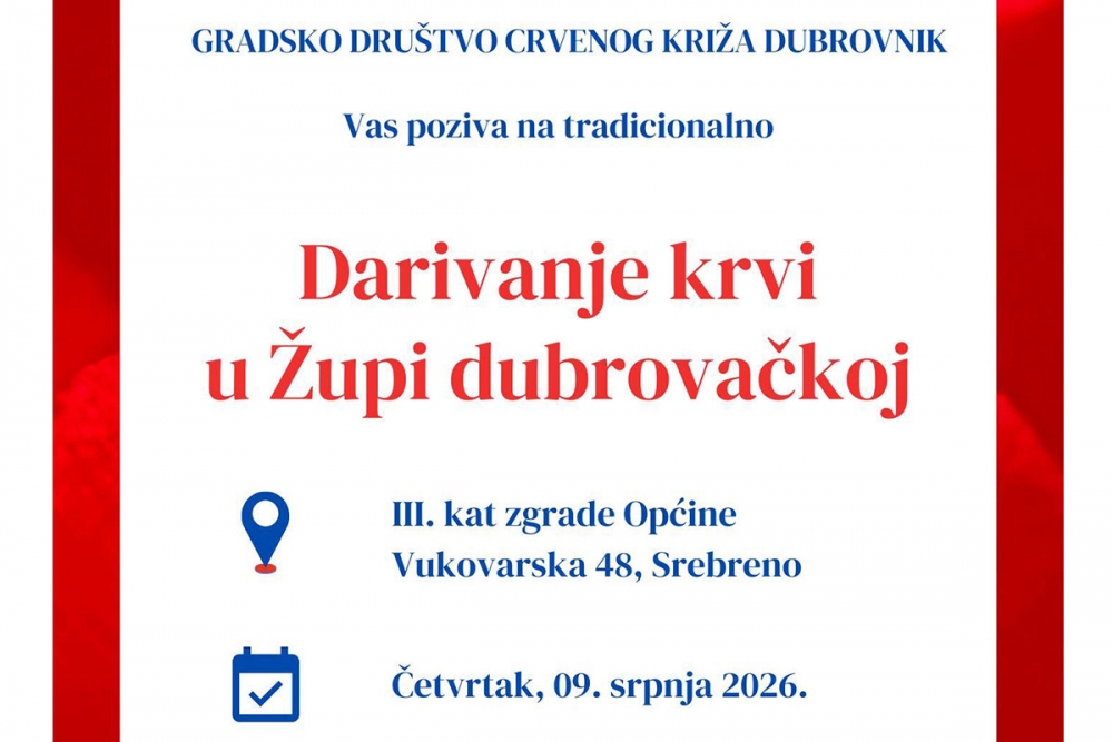 Gradsko dru&scaron;tvo Crvenog križa poziva na akciju dobrovoljnog darivanja krvi u Župi dubrovačkoj